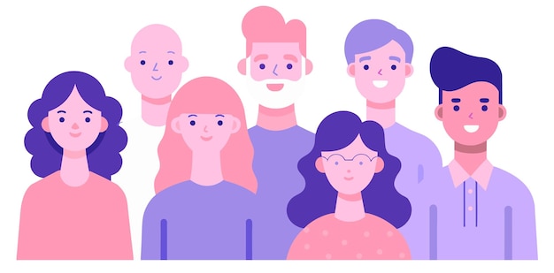 diverse group of happy people with clothing standing together against flat purple background