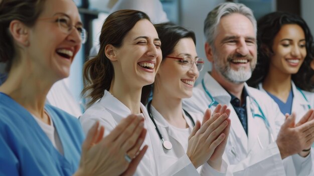 Photo a diverse group of healthcare professionals clapping united in celebration and camaraderie reflecting dedication and teamwork in their field