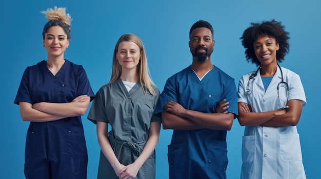 Photo diverse group of healthcare professionals in scrubs standing together in front of a blue background for a team photo