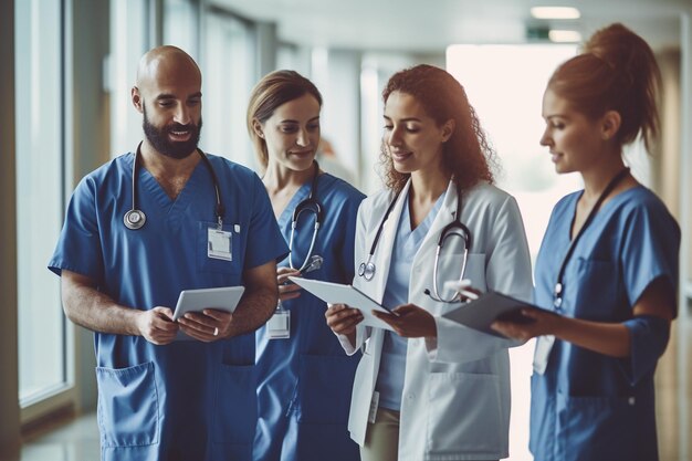 Photo diverse group of healthcare workers with tablet and paperwork discussing in hospital corridor