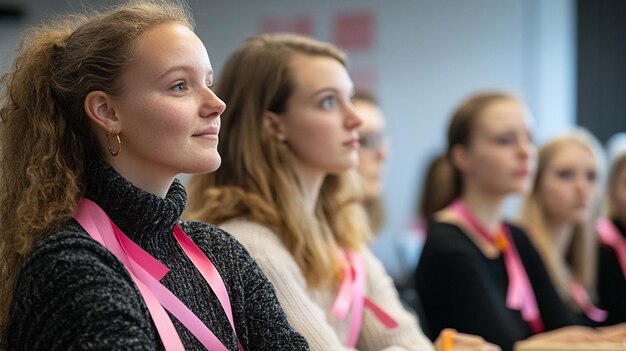 Diverse Group of Individuals Engaged in a Workshop Wearing Pink Ribbons to Promote Awareness and Support