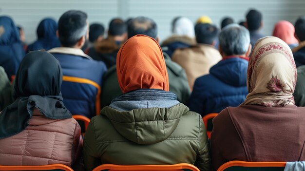 A diverse group of individuals is seated in a hall focused on a speaker at the front The attendees wear various winter coats and headscarves indicating a communal gathering