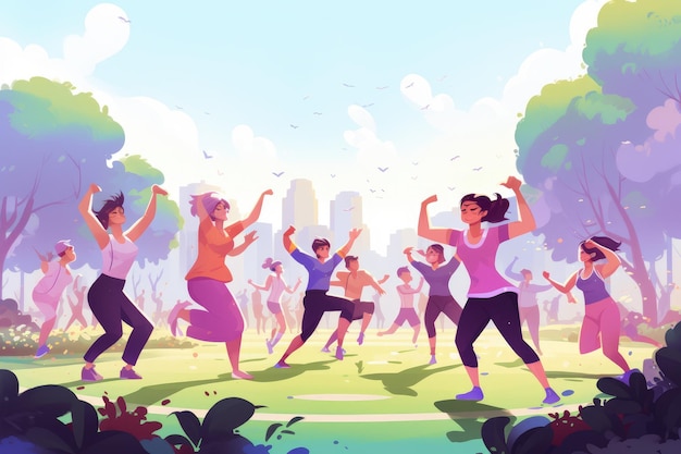 Photo a diverse group of individuals joyfully dancing together in a park surrounded by trees and nature group of people performing aerobic exercises at a park ai generated