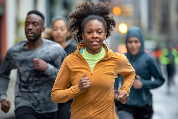 Diverse group of individuals running together in a city setting