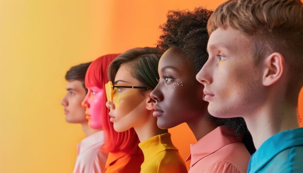 Photo diverse group of individuals showcasing colorful fashion against a vibrant background