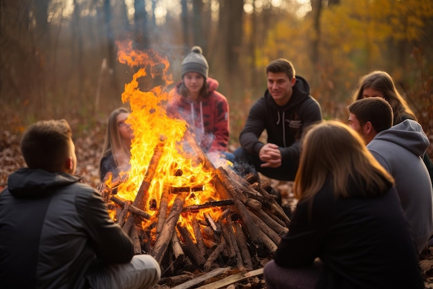 A diverse group of individuals sit together in front of a cozy fire pit enjoying each others company Students enjoying a lesson around a bonfire during a field trip AI Generated