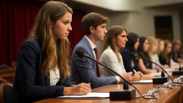 A diverse group of individuals sitting around a table speaking into microphones