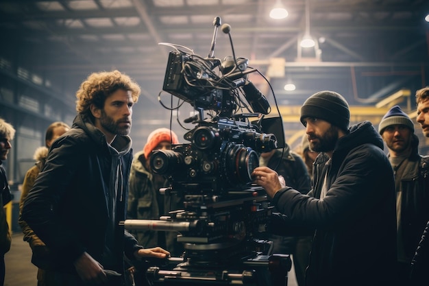 A diverse group of individuals standing together focusing their attention on a camera to capture a lasting memory Film crew AI Generated