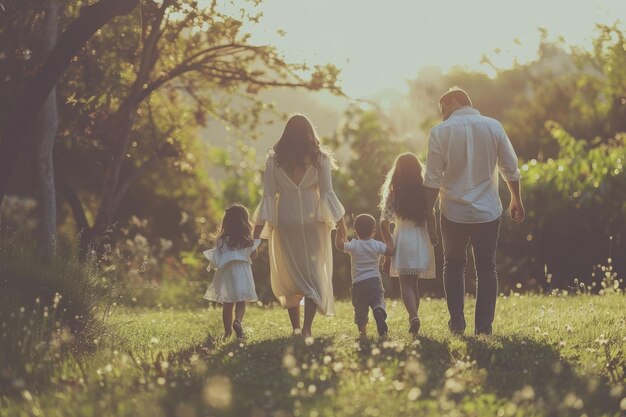 A diverse group of individuals strolling through a vibrant green field bathed in the golden glow of the sun taking in the beauty of the natural surroundings