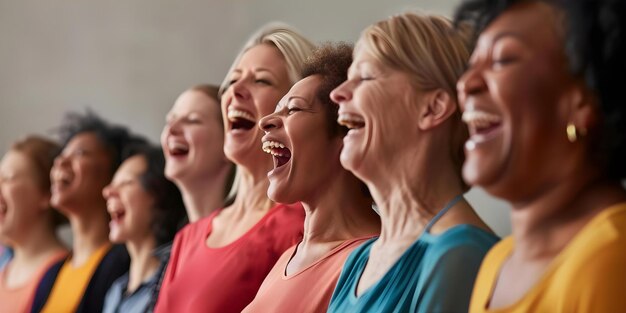 Photo a diverse group of joyful female choir members singing together indoors concept music performance female singers group singing diverse harmony indoor setting