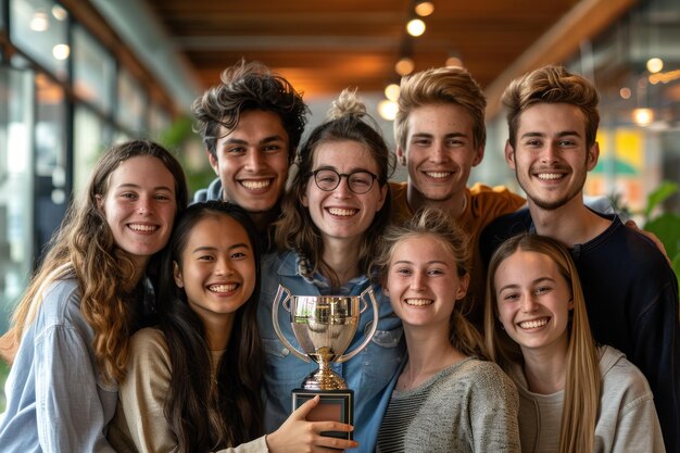 Photo a diverse group of joyful young adults holding a trophy and celebrating teamwork