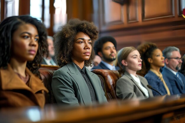 Photo a diverse group of jurors sitting in a jury box focused and attentive during a trial in a traditional courtroom setting with wooden furnishings