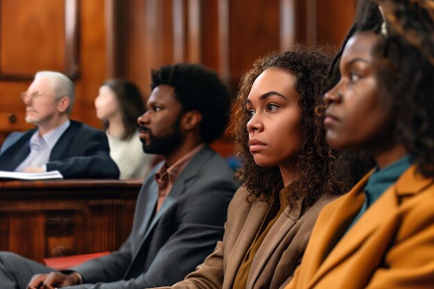 Photo a diverse group of jurors sitting in a jury box focused and attentive during a trial in a traditional courtroom setting with wooden furnishings