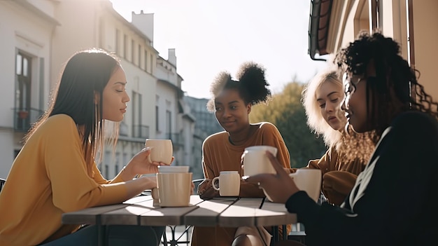 Diverse group of laughing young friends in sportswear looking at photos on a cellphone over coffees in a cafe after their gym workout ai generative