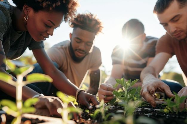 diverse group of neighbors collaborating on a community garden project