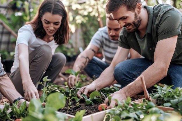 diverse group of neighbors collaborating on a community garden project