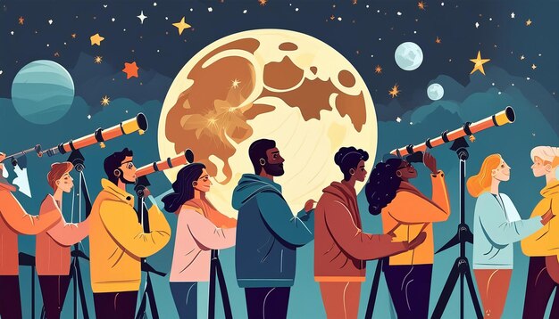 Diverse Group Observing the Moon