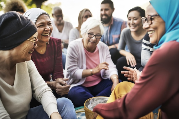 Photo diverse group of older adults and younger people gather outdoors laughing and enjoying each others company the scene captures joy friendship and cultural diversity in a relaxed setting