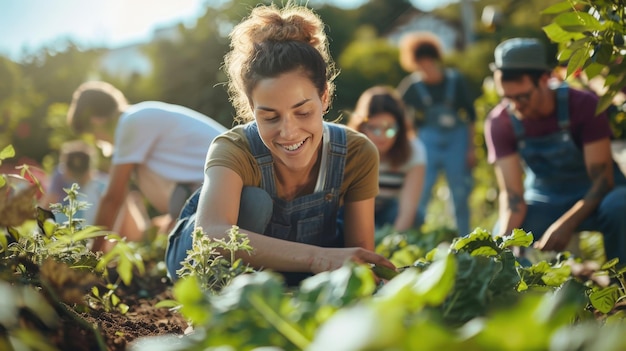 Photo diverse group participating in a community garden project