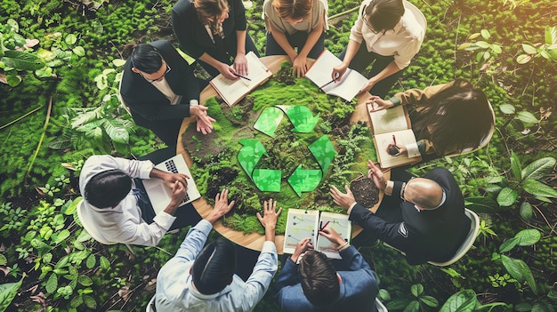 Photo diverse group of people in business attire have a meeting in a lush green forest