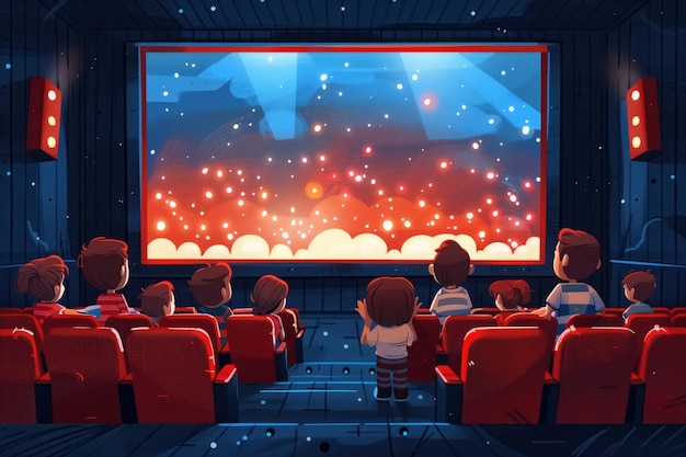 Diverse group of people children sitting together in front of a large screen They look at something on the display with interest and concentration