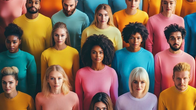 Photo diverse group of people in colorful sweaters standing together indoors