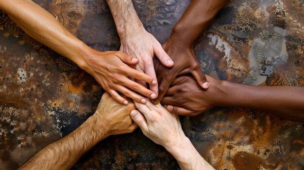 Photo diverse group of people demonstrating unity and teamwork with hands joined