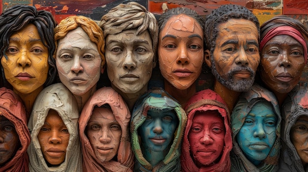 Photo a diverse group of people of different ethnicities and races are depicted in a colorful mural