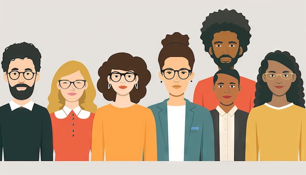 A diverse group of people of different races and ethnicities all wearing glasses in a row on a beige background