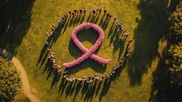 Photo a diverse group of people forming a human ribbon shape for a united cause or celebrationbreast cancer awareness month