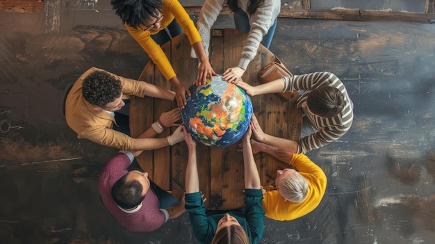 Photo a diverse group of people gathered around a globe promoting collaboration cultural appreciati