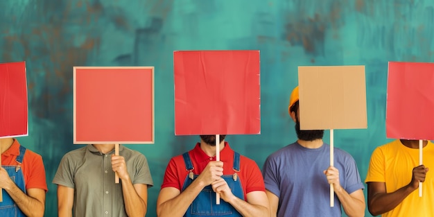 Photo diverse group of people holding blank signs in front of a teal wall concept of protest demonstration or announcement