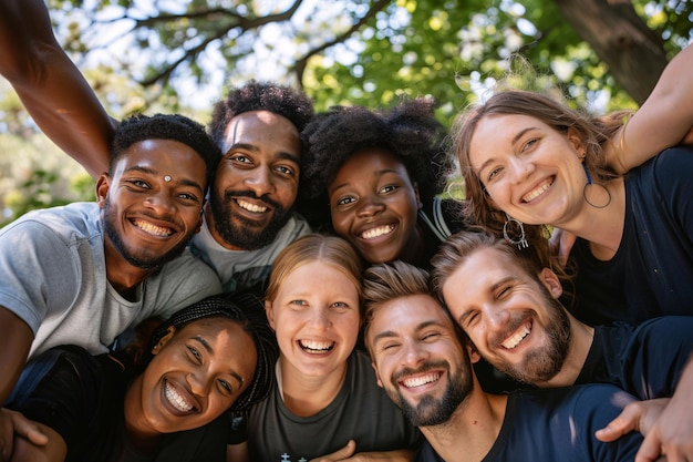 Diverse group of people is smiling and having fun outdoors