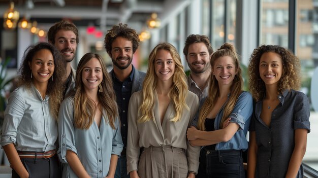 Photo diverse group of people in office smiling at camera wearing casual clothes wide angle city view windows