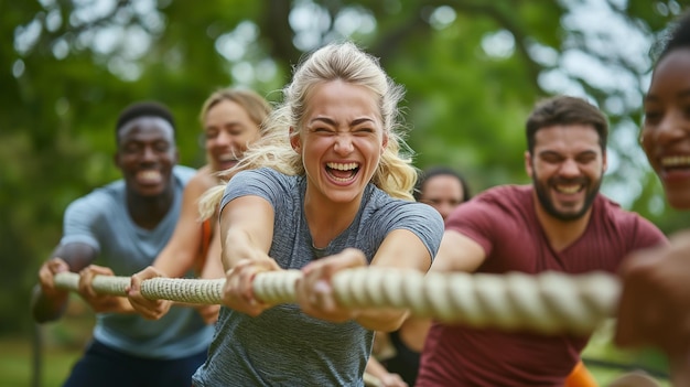 Photo a diverse group of people playing tugofwar outdoors