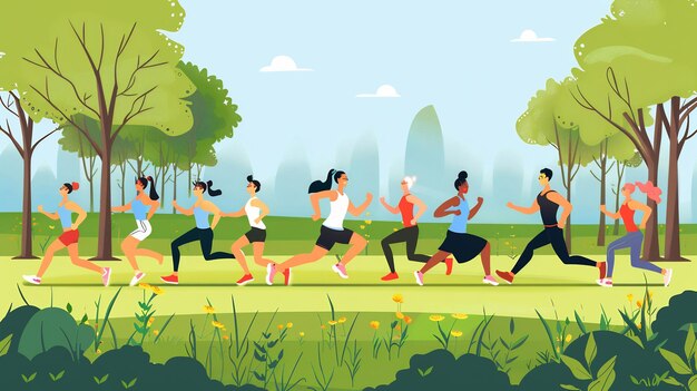 Photo diverse group of people running in a park