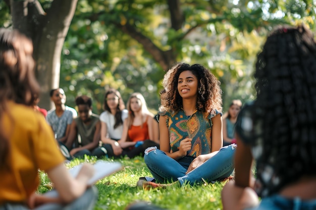 Diverse group of people sitting on grass in park listening to Latin American womans presentation