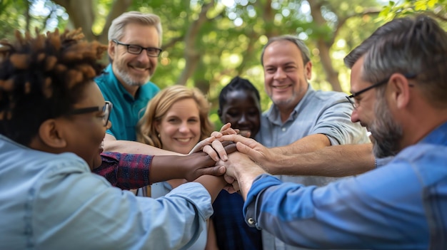 Photo diverse group of people stacking hands together showing unity and teamwork