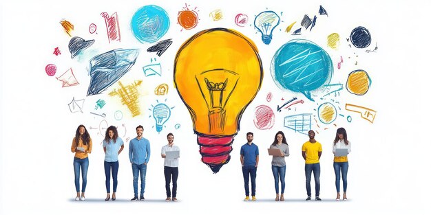 Photo diverse group of people standing before a large lightbulb drawing