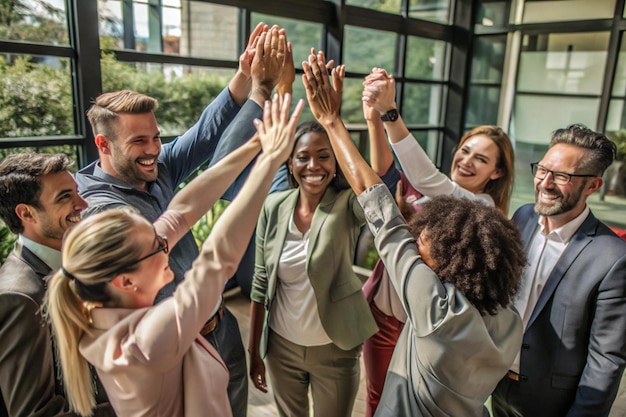 Photo a diverse group of people standing in a circle with their hands raised and joined in the center