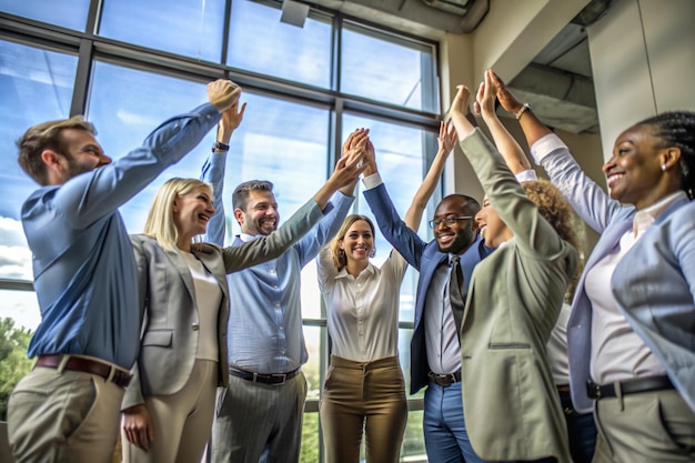 Photo a diverse group of people standing in a circle with their hands raised and joined in the center