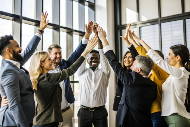 A diverse group of people standing in a circle with their hands raised and joined in the center