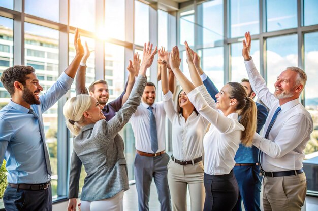 Photo a diverse group of people standing in a circle with their hands raised and joined in the center