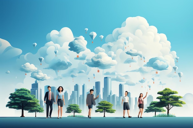 Diverse group of people standing in front of a cityscape with trees and clouds representing collabor