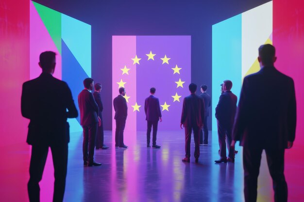 A diverse group of people standing in front of EU flag inspired wall