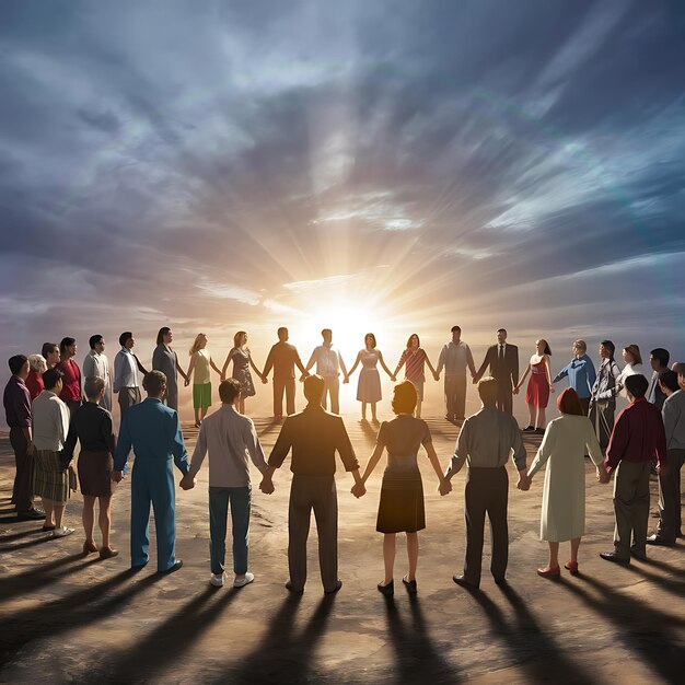 a diverse group of people standing hand in hand in a semicircle