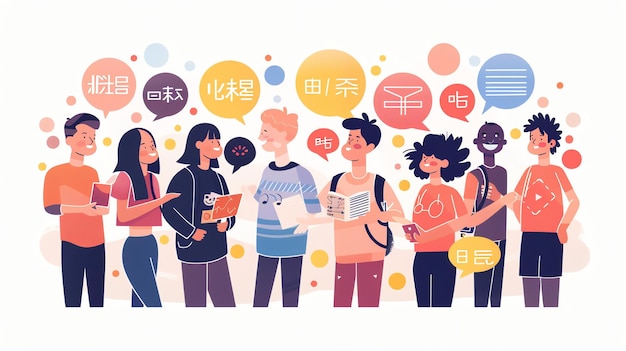 Photo diverse group of people talking in different languages represented by speech bubbles with words written in various scripts