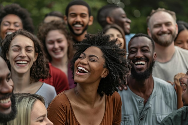 A diverse group of people united by joy shares infectious laughter capturing the spirit of community happiness and togetherness in a vibrant outdoor setting