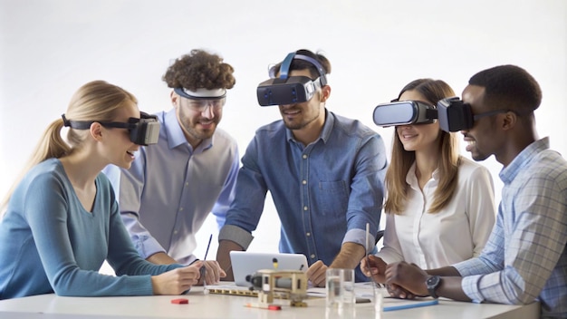 Photo a diverse group of people wearing vr headsets and interacting with a virtual environment they are smiling and engaged in a collaborative activity