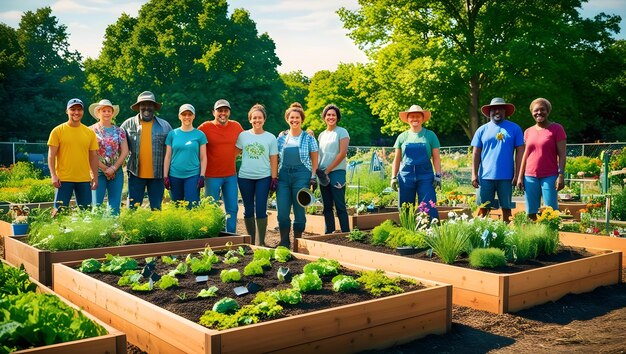 Photo a diverse group of people with raised bed gardens community gardeners united